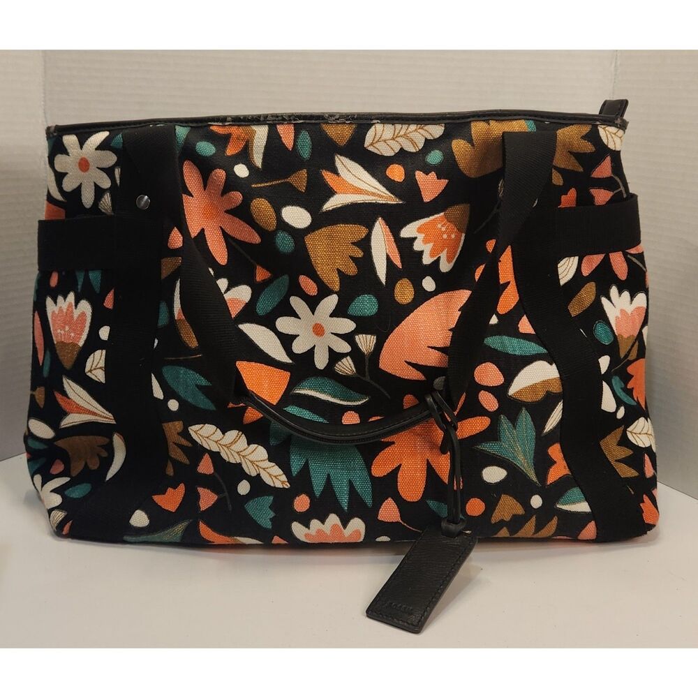 Fossil Floral Canvas Tote Bag Black Orange Teal Shoulder Purse Vintage